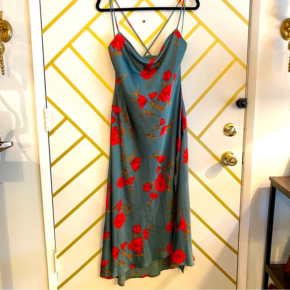 ASTR Silk Slip Dress Blue Red Flowers Crossback Straps Thigh Slit NWT